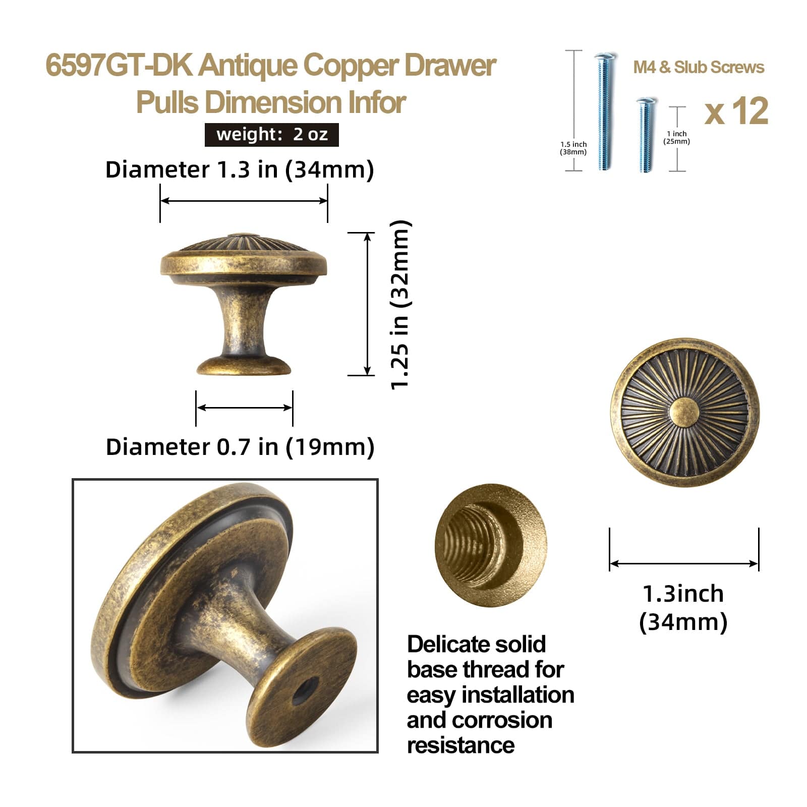 Goo-Ki Antique Brass Cabinet Knobs Carved Round Drawer Knobs Retro Kitchen Hardware