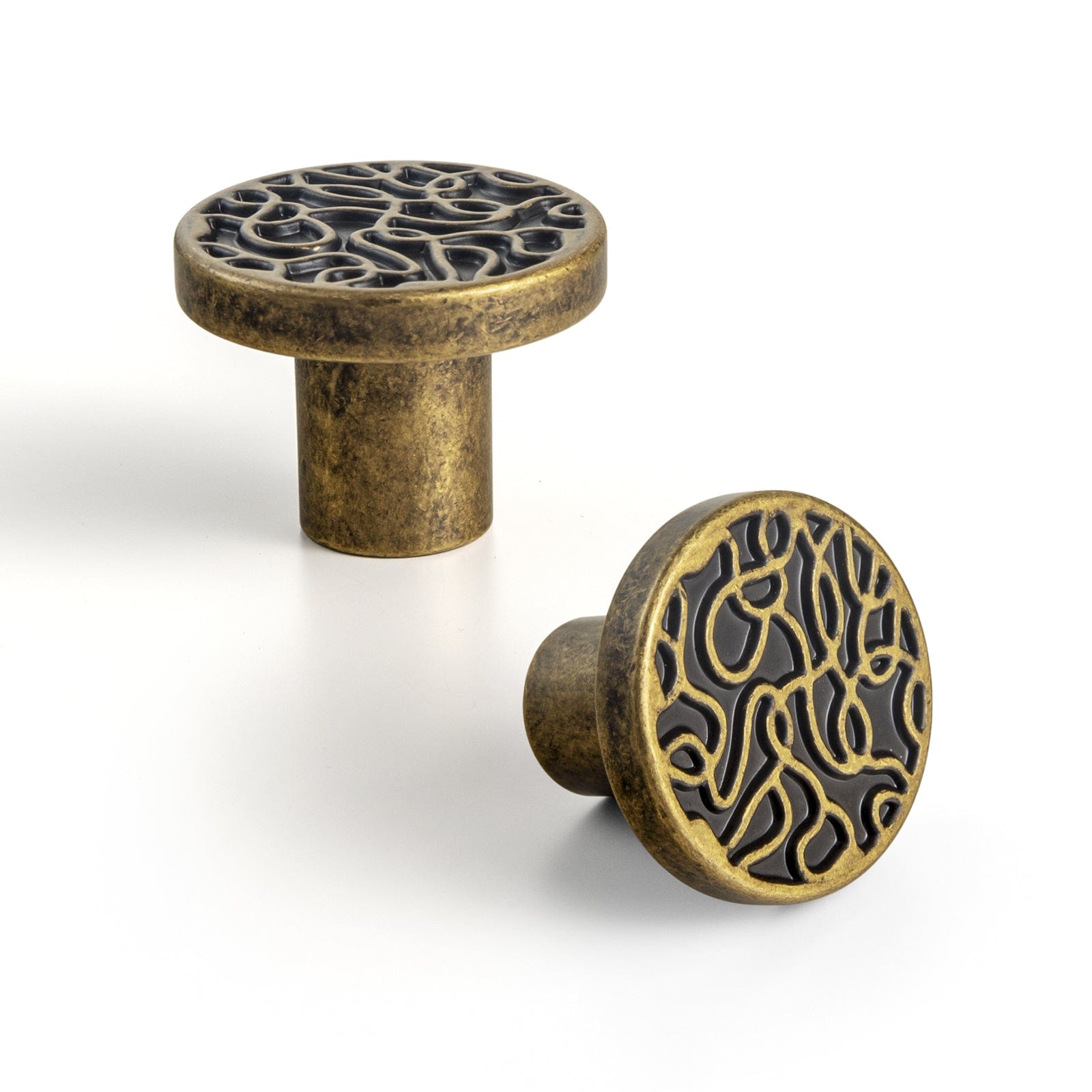 Goo-Ki Antique Brass / Knob / 6 Pack Vintage Brass Flat Knob with Random Line Pattern Unique Design Kitchen Hardware