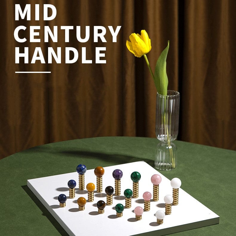 Goo-Ki Crystal Jade Stone Knob Mid-Century Brass Cabinet Handle Furniture Hardware