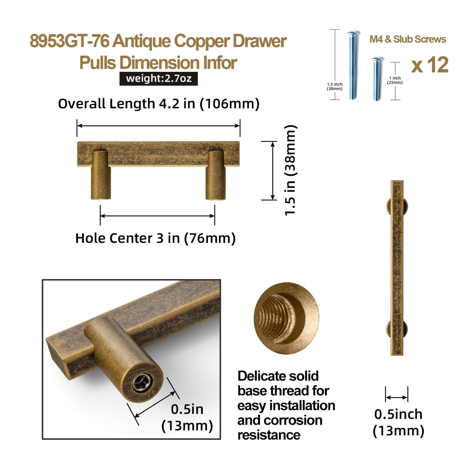 Goo-Ki Slim Cabinet Handles Antique Brass Drawer Bar Pulls Solid Zinc Alloy Kitchen Hardware