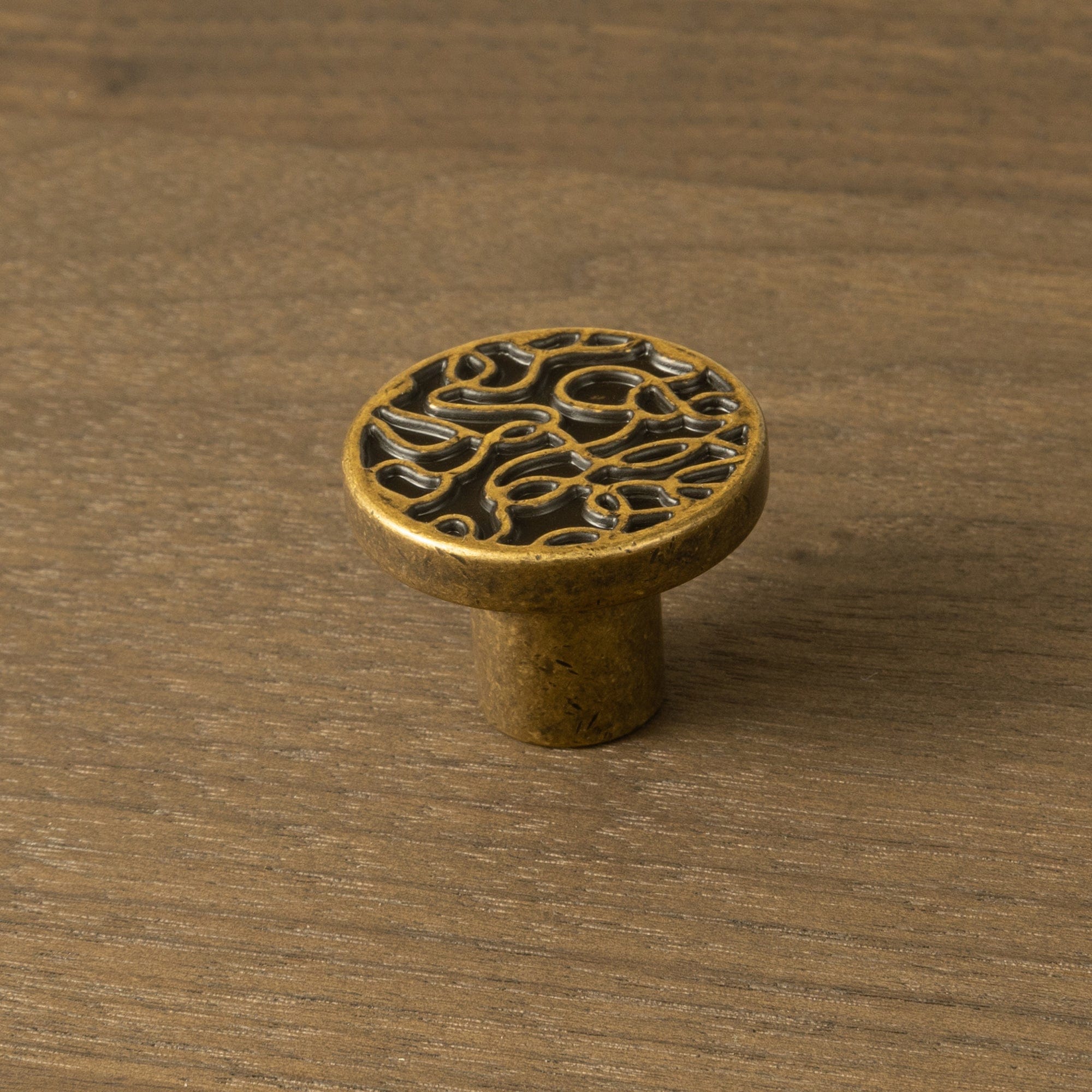 Goo-Ki Vintage Brass Flat Knob with Random Line Pattern Unique Design Kitchen Hardware