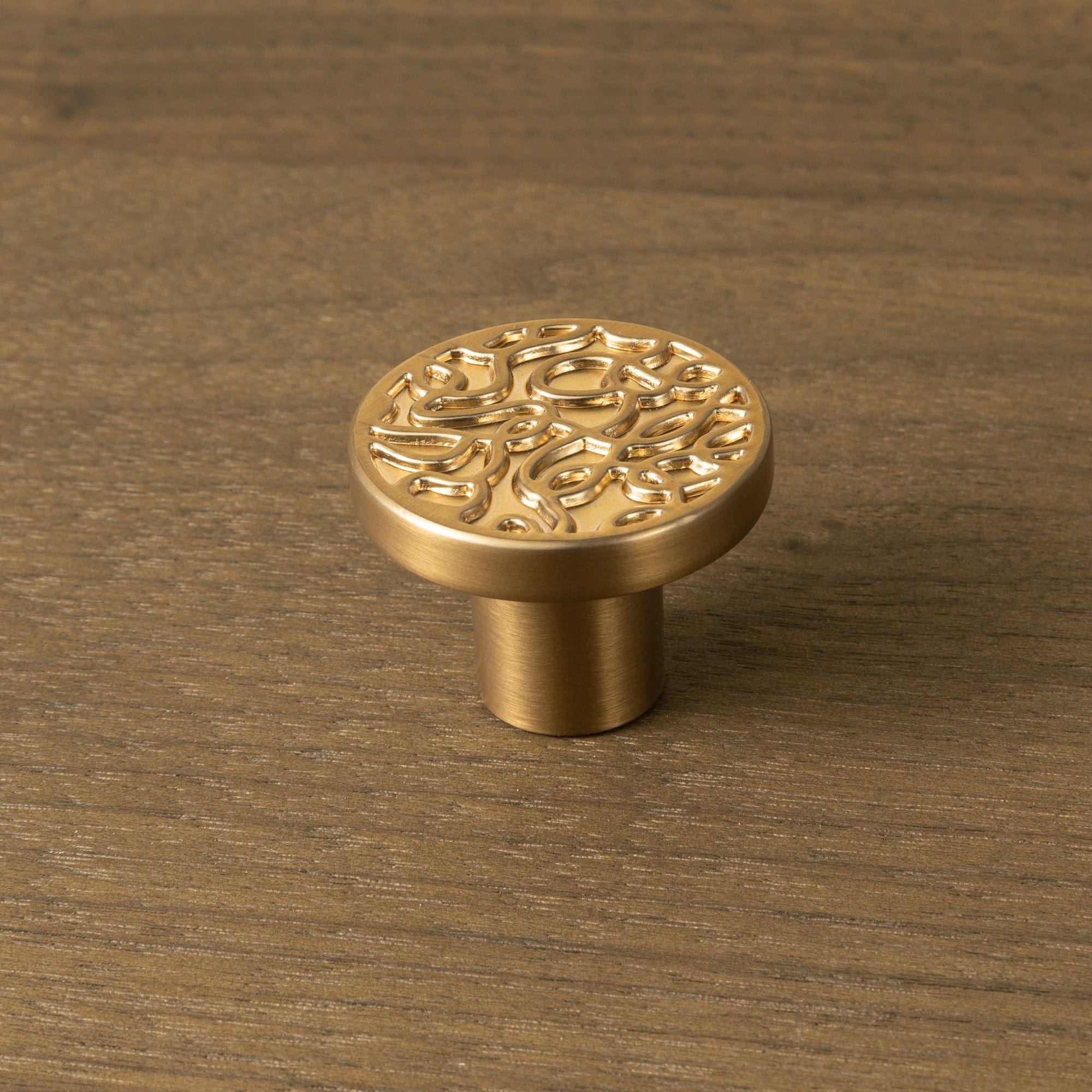 Goo-Ki Vintage Brass Flat Knob with Random Line Pattern Unique Design Kitchen Hardware