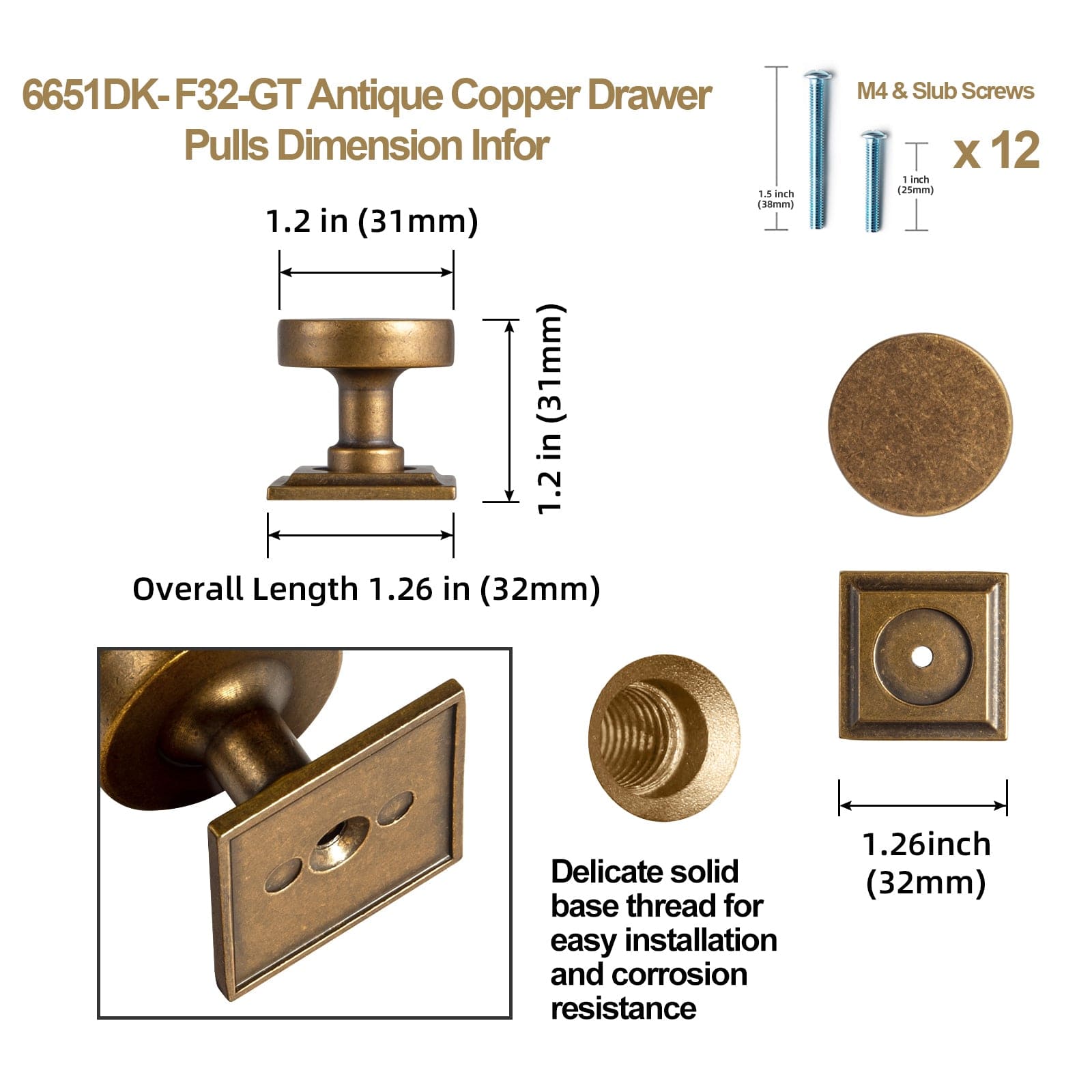 Goo-Ki Vintage Brass Zinc Alloy Cabinet Knob with Back Plate Single Hole Center Kitchen Hardware