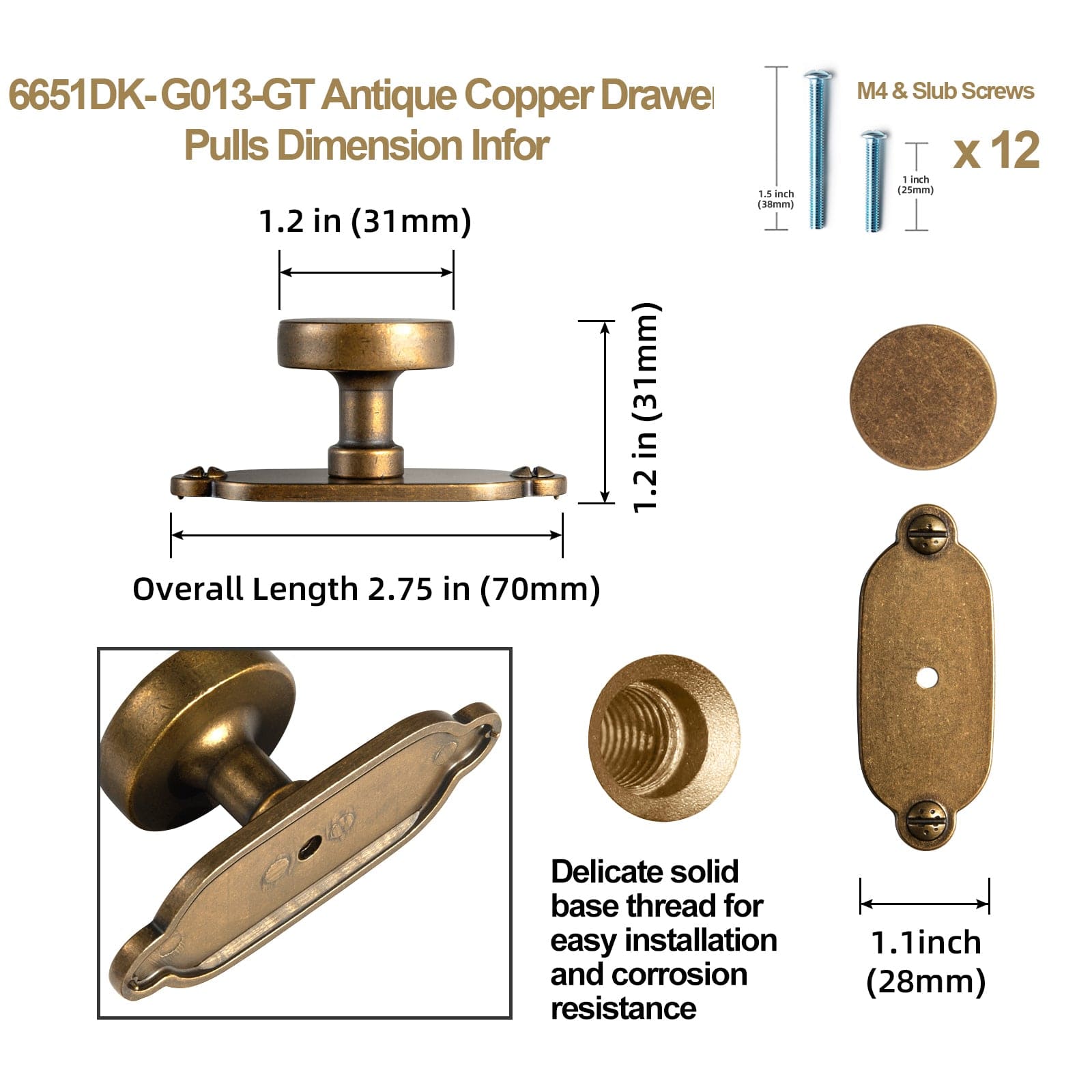 Goo-Ki Vintage Brass Zinc Alloy Cabinet Knob with Back Plate Single Hole Center Kitchen Hardware