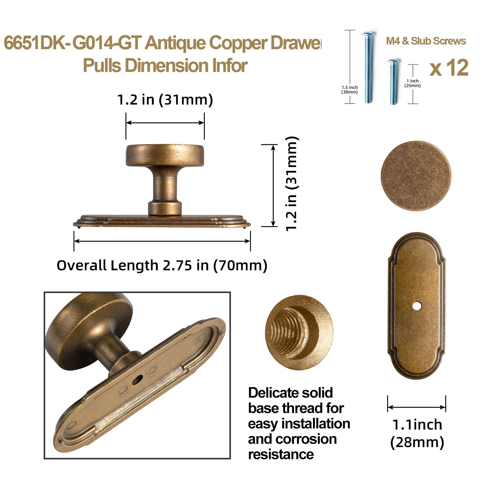 Goo-Ki Vintage Brass Zinc Alloy Cabinet Knob with Back Plate Single Hole Center Kitchen Hardware