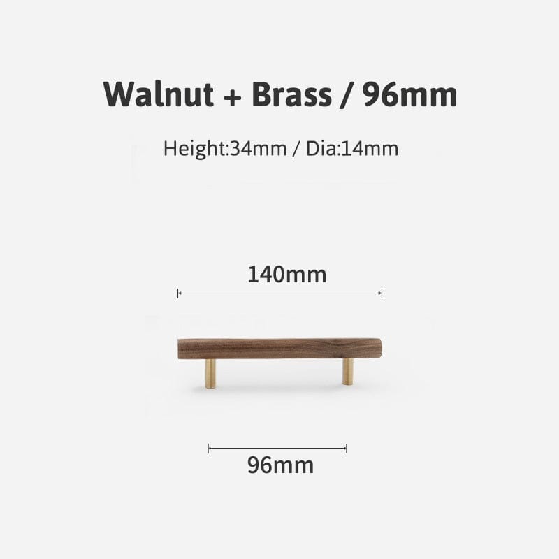 Goo-Ki Walnut / 3.78'' Hole Center / 6 Pack Natural Walnut + Brass Furniture Handle Wooden Kitchen Cabinet Pull