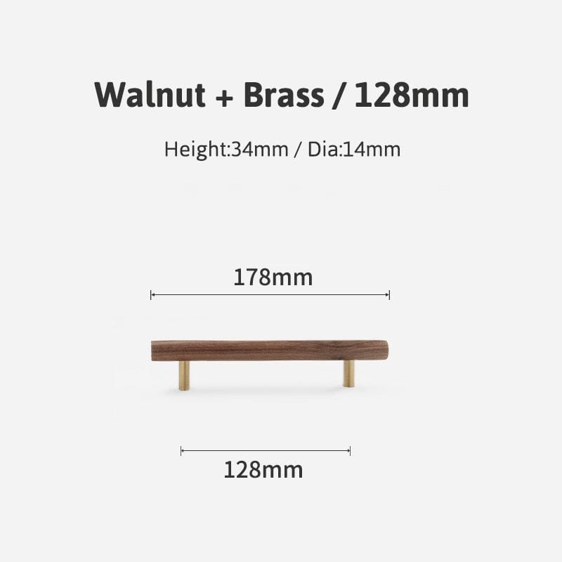 Goo-Ki Walnut / 5'' Hole Center / 6 Pack Natural Walnut + Brass Furniture Handle Wooden Kitchen Cabinet Pull