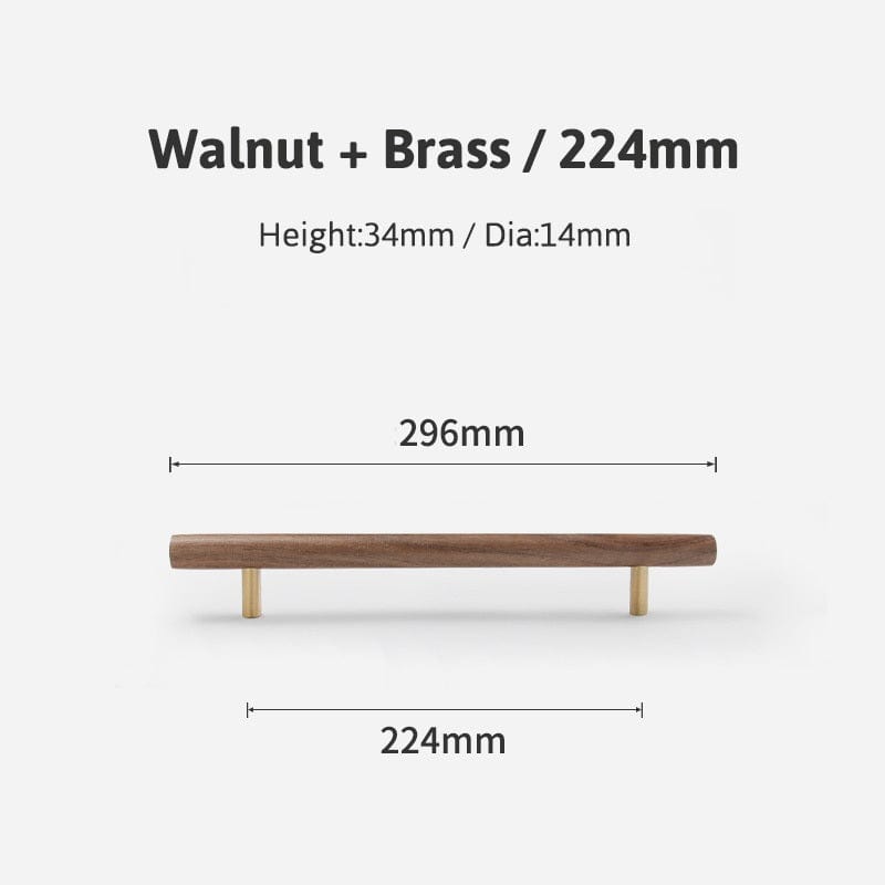 Goo-Ki Walnut / 8.8'' Hole Center / 6 Pack Natural Walnut + Brass Furniture Handle Wooden Kitchen Cabinet Pull