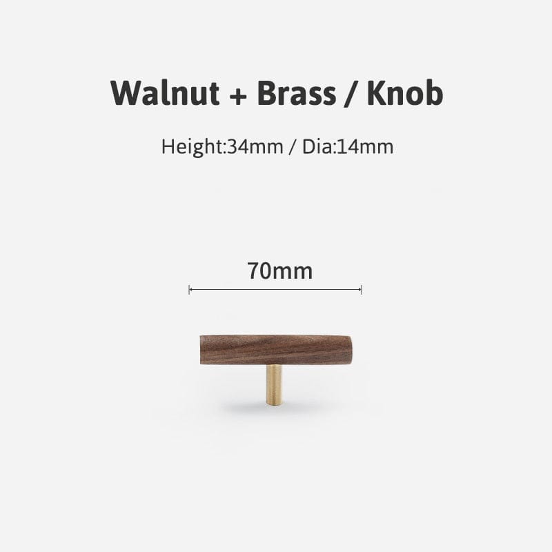 Goo-Ki Walnut / T Knob / 6 Pack Natural Walnut + Brass Furniture Handle Wooden Kitchen Cabinet Pull
